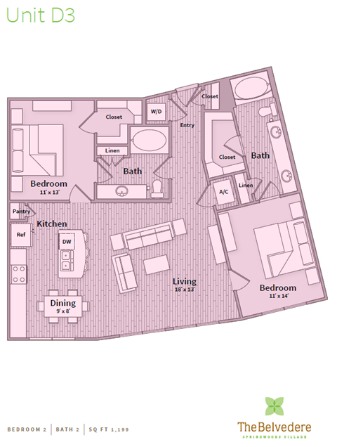 Floor plan for 2 beds, 2 baths, 1199 sqft